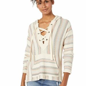 Rip Curl My Tide Poncho Off White/Pink Stripe Knit Lace Up Hoodie Sweater